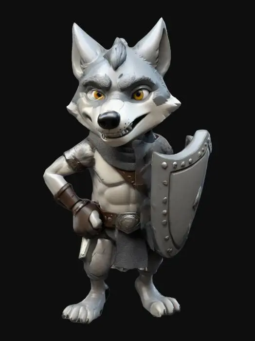 3D model for Cartoon humanoid grey wolf one hand triangle shield