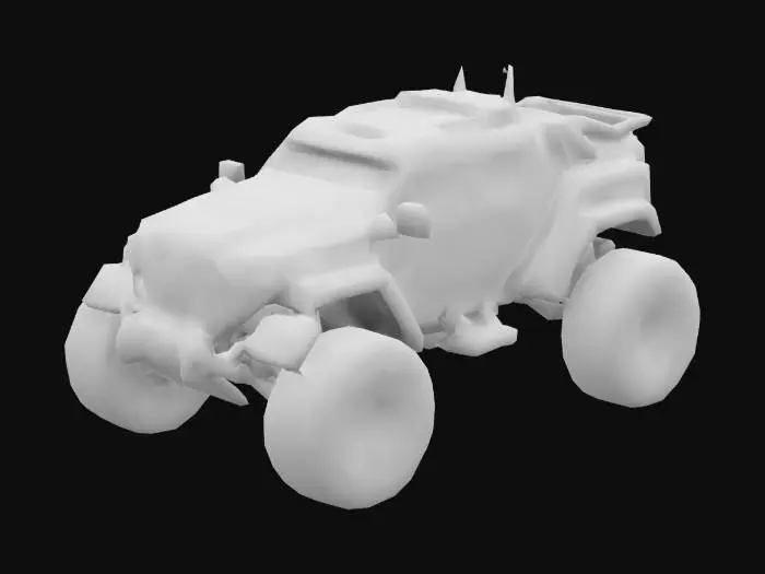 3D model for A massive, futuristic all-terrain vehicle in a cyberpunk grimdark style with heavy armor, angular shapes, and dark metallic tones. It features large, reinforced tires for harsh terrains, a detailed cabin with antennas, external machinery, and advanced paneling. The front has a shield-like grille and illuminated accents, enhancing its industrial and dystopian aesthetic. Designed for extreme planetary environments, it exudes a rugged and imposing presence.