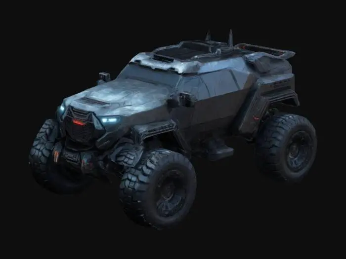 3D model for A massive, futuristic all-terrain vehicle in a cyberpunk grimdark style with heavy armor, angular shapes, and dark metallic tones. It features large, reinforced tires for harsh terrains, a detailed cabin with antennas, external machinery, and advanced paneling. The front has a shield-like grille and illuminated accents, enhancing its industrial and dystopian aesthetic. Designed for extreme planetary environments, it exudes a rugged and imposing presence.