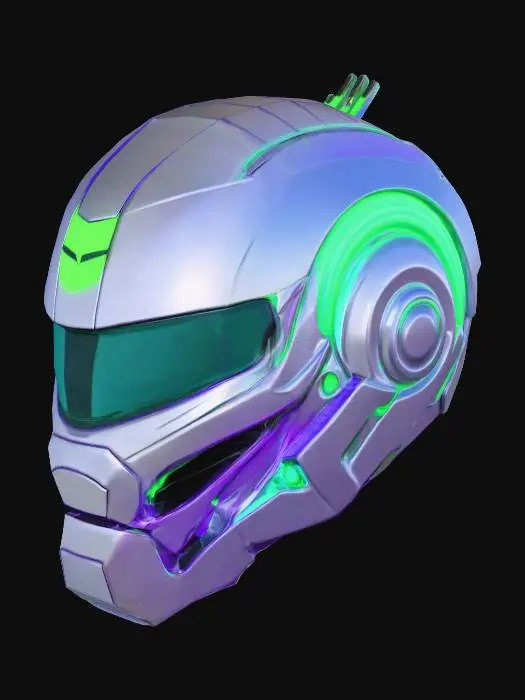 3D model for Crea un accesorio para la cabeza de Roblox, un casco futurista de estilo cibernético, con detalles metálicos y luces brillantes de colores neón. El casco debe tener una forma aerodinámica, con una visera envolvente que brille suavemente en la parte superior. El diseño debe ser elegante pero imponente, con líneas geométricas y paneles de metal que se fusionan con tecnología avanzada. Añade detalles como circuitos visibles y una pequeña antena futurista en un lado del casco. Los colores principales deben ser plateados y azules, pero con toques de neón en verde y morado. El accesorio debe dar una sensación de poder y alta tecnología."