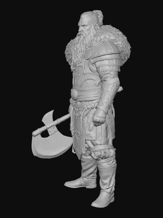 3D model for Dwarven warrior, male dwarf, short and powerfully built, broad shoulders, thick muscular arms, long braided dark brown beard with golden rings, fierce amber eyes, battle-scarred face, determined and proud expression, heavy dwarven armor engraved with ancient runes, steel and gold plating, fur-lined shoulder cloak, massive double-bladed war axe resting on shoulder, sturdy boots and leather belts with pouches and tools, subtle glow from runes, battlefield smoke and embers in background, mountain fortress ruins, heroic pose, cinematic fantasy style, ultra-detail, realistic textures, metal shine, strong dramatic lighting, depth of field, 8K, epic atmosphere