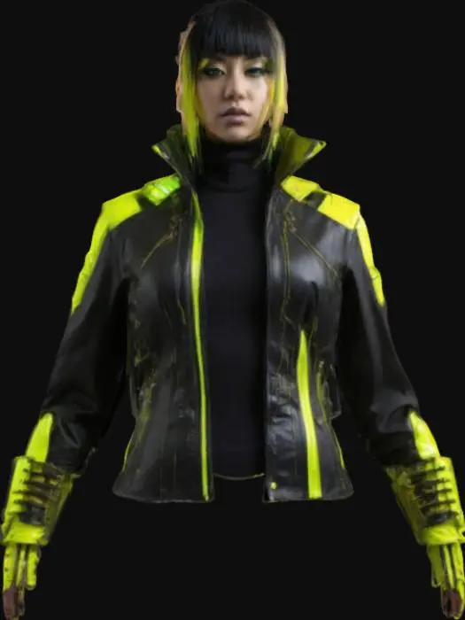 3D model for A cyberpunk-style jacket designed to fit naturally on a female character's body. The jacket features futuristic details like neon accents, metallic trims, and a sleek, ergonomic fit. It has a high collar, asymmetrical zippers, and small glowing panels on the shoulders and sleeves. The fabric is a mix of matte and glossy textures, emphasizing a high-tech look. Ensure the jacket is three-dimensional, modeled as if worn by a character, avoiding flat or collapsed shapes. Unzipped, open, no hands