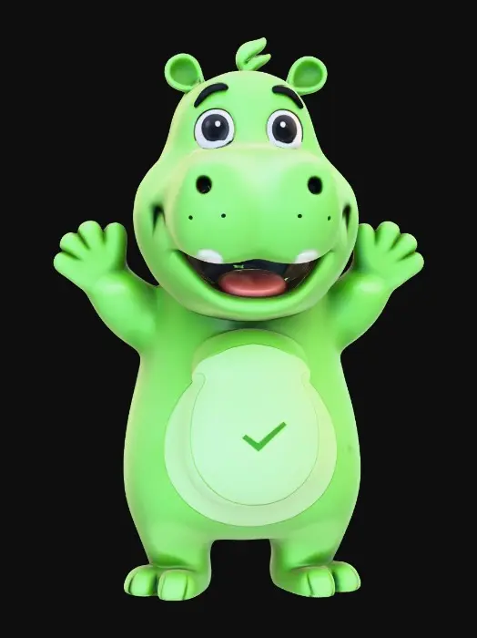3D model for Ippopotamo allegro di colore verde brillante, stile mascotte, dall’aspetto amichevole e giocoso. Forme morbide e arrotondate, superficie liscia e stilizzata, look da cartone animato. Presenta un segno a forma di spunta integrato in modo naturale sul fianco o sulla pancia (non un logo), come una caratteristica estetica. Occhi espressivi, sorriso ampio, atmosfera positiva. Posa eretta e accogliente. Illuminazione morbida, composizione pulita centrata sul personaggio.