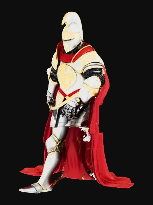 3D model for 生成一个中世纪英国骑士,要求银色铠甲镶嵌金色复古花纹,手握圣剑