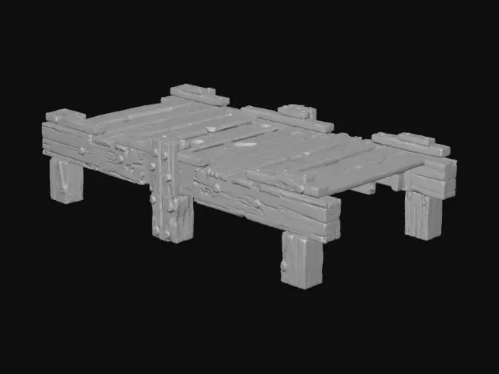 3D model for Stary drewniany pomost, zbudowany z ciężkich, zwietrzałych belek i desek, mocno oszlifowanych przez wodę i czas. Ma nieregularną, szorstką teksturę, pokrytą mchem i solą. Kolor to wyblakły, ciemnoszary brąz, z licznymi pęknięciami i poszarzałymi włóknami. Konstrukcja jest solidna, ale widocznie zniszczona, z ugiętymi deskami i szorstkim, zimnym dotykiem.