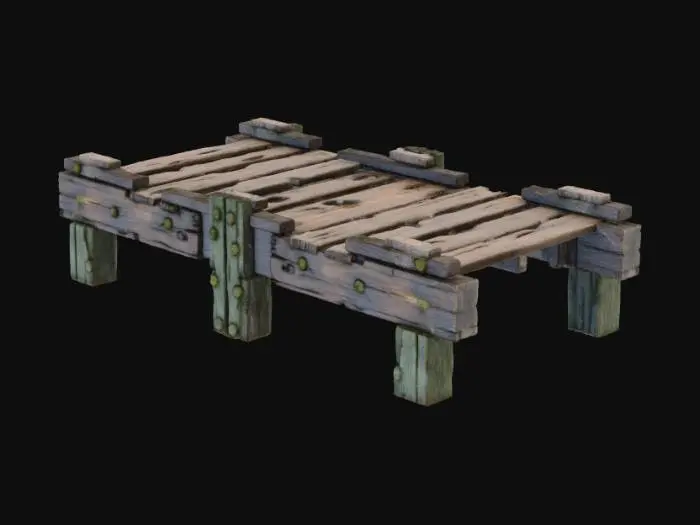3D model for Stary drewniany pomost, zbudowany z ciężkich, zwietrzałych belek i desek, mocno oszlifowanych przez wodę i czas. Ma nieregularną, szorstką teksturę, pokrytą mchem i solą. Kolor to wyblakły, ciemnoszary brąz, z licznymi pęknięciami i poszarzałymi włóknami. Konstrukcja jest solidna, ale widocznie zniszczona, z ugiętymi deskami i szorstkim, zimnym dotykiem.