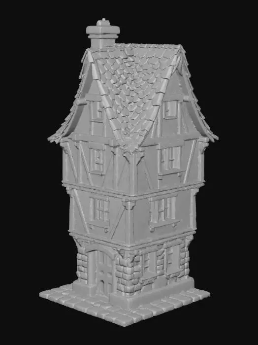 3D model for Średniowieczny, podłużny dom miastowy o wąskiej fasadzie, trójkondygnacyjny, ze stromym dwuspadowym dachem pokrytym czerwoną dachówką. Konstrukcja ryglowa z bielonym tynkiem wypełniającym, ukazującym ciemne, szorstkie belki dębowe. Małe, nieregularne okna z drewnianymi okiennicami i solidne, zniszczone drzwi wejściowe. Powierzchnia jest chropowata i zwietrzała, w odcieniach bladej bieli, ochry i ciemnego brązu.