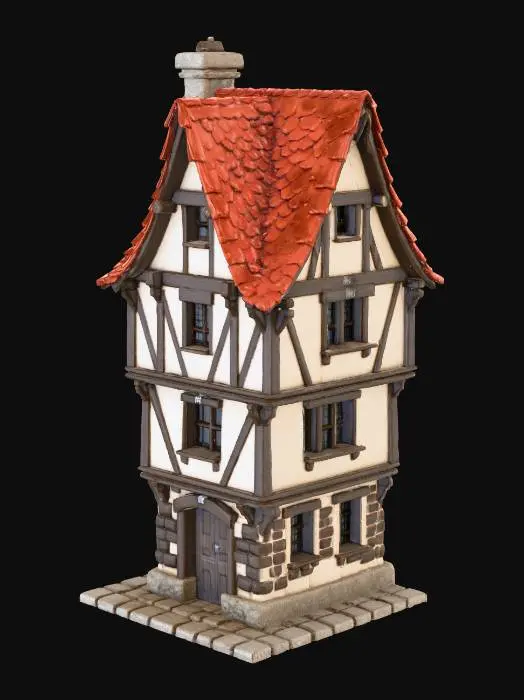3D model for Średniowieczny, podłużny dom miastowy o wąskiej fasadzie, trójkondygnacyjny, ze stromym dwuspadowym dachem pokrytym czerwoną dachówką. Konstrukcja ryglowa z bielonym tynkiem wypełniającym, ukazującym ciemne, szorstkie belki dębowe. Małe, nieregularne okna z drewnianymi okiennicami i solidne, zniszczone drzwi wejściowe. Powierzchnia jest chropowata i zwietrzała, w odcieniach bladej bieli, ochry i ciemnego brązu.