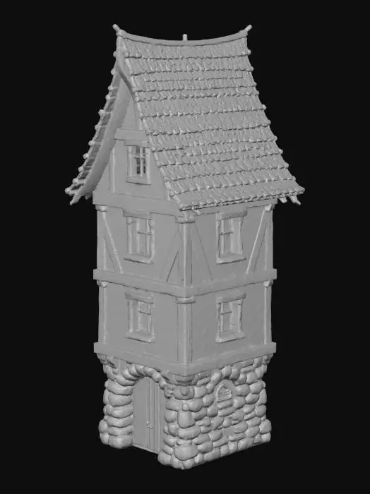 3D model for Średniowieczny, podłużny dom miastowy, zaprojektowany do zabudowy szeregowej, z prostymi, gładkimi ścianami bocznymi z szarego kamienia, ułatwiającymi połączenie z sąsiednimi budynkami. Frontowa fasada dwukondygnacyjna, tynkowana na biało-kremowo, z widocznymi ciemnymi, pionowymi belkami drewnianymi. Dach stromy, dwuspadowy, kryty brązową, nieco zwietrzałą dachówką. Małe, prostokątne okna na froncie bez ozdób, jedno wejście z prostymi, drewnianymi drzwiami. Powierzchnie są matowe, lekko chropowate, w naturalnych odcieniach bieli, szarości i ciemnego drewna.