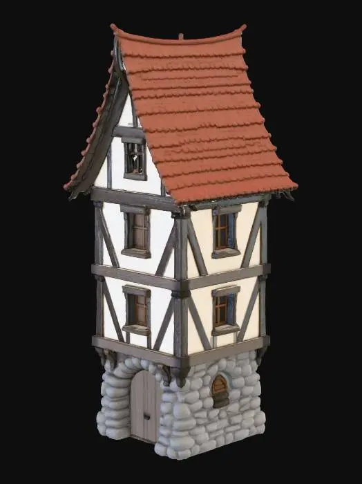 3D model for Średniowieczny, podłużny dom miastowy, zaprojektowany do zabudowy szeregowej, z prostymi, gładkimi ścianami bocznymi z szarego kamienia, ułatwiającymi połączenie z sąsiednimi budynkami. Frontowa fasada dwukondygnacyjna, tynkowana na biało-kremowo, z widocznymi ciemnymi, pionowymi belkami drewnianymi. Dach stromy, dwuspadowy, kryty brązową, nieco zwietrzałą dachówką. Małe, prostokątne okna na froncie bez ozdób, jedno wejście z prostymi, drewnianymi drzwiami. Powierzchnie są matowe, lekko chropowate, w naturalnych odcieniach bieli, szarości i ciemnego drewna.