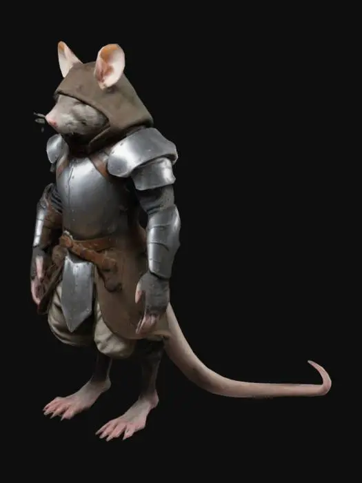 3D model for A t-posing rat man wearing medieval armor and a hood. Tail, fur, muzzle. Wererat rodent