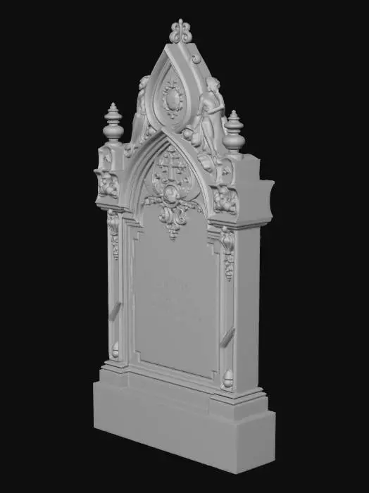 3D model for A weathered ornate Gothic gravestone that is broken and crumbling. Showing a mix of timeless beauty and decay.
