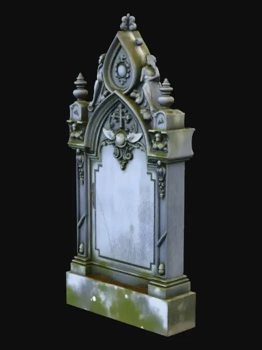 3D model for A weathered ornate Gothic gravestone that is broken and crumbling. Showing a mix of timeless beauty and decay.