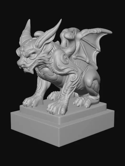 3D model for A weathered Victorian Gothic stone gargoyle statue made out of solid grey granite. Crouching on a stone platform. A mix of dragon and bat-like features, intelligent expression.