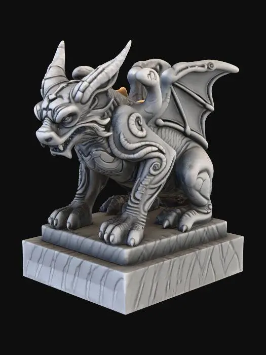 3D model for A weathered Victorian Gothic stone gargoyle statue made out of solid grey granite. Crouching on a stone platform. A mix of dragon and bat-like features, intelligent expression.