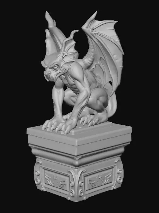 3D model for A weathered Victorian Gothic stone gargoyle statue made out of solid grey granite. Crouching on a stone platform.