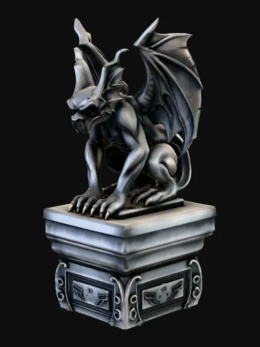3D model for A weathered Victorian Gothic stone gargoyle statue made out of solid grey granite. Crouching on a stone platform.