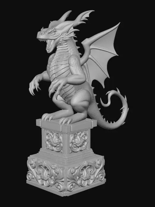 3D model for An imposing stone statue of a standing, roaring gargoyle gesturing menacingly. Dragon-like in appearance, long reptilian tail, sharp claws. Standing on an ornate stone pedestal.
