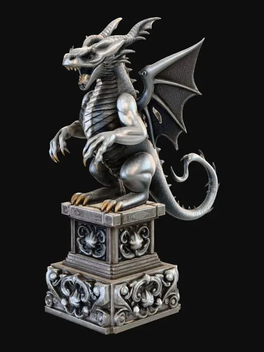 3D model for An imposing stone statue of a standing, roaring gargoyle gesturing menacingly. Dragon-like in appearance, long reptilian tail, sharp claws. Standing on an ornate stone pedestal.