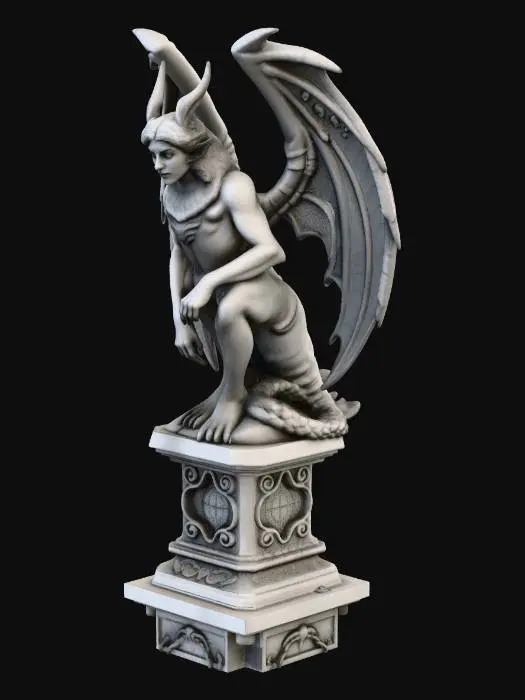 3D model for A statue of a female gargoyle. Victorian Gothic, standing on an ornate pedestal. Elegant. Dragon-like form. Made of solid stone.