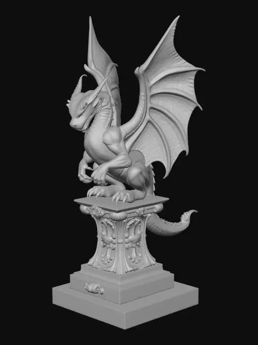 3D model for A statue of a dragon gargoyle. Victorian Gothic, standing on an ornate pedestal. Elegant. Made of solid stone. Feminine shape.