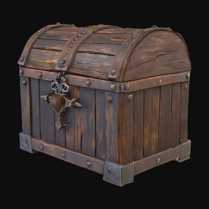 3D model for A dark-fantasy medieval chest made out of old, rotting wood and rusted metal. Dusty, weathered, rustic.