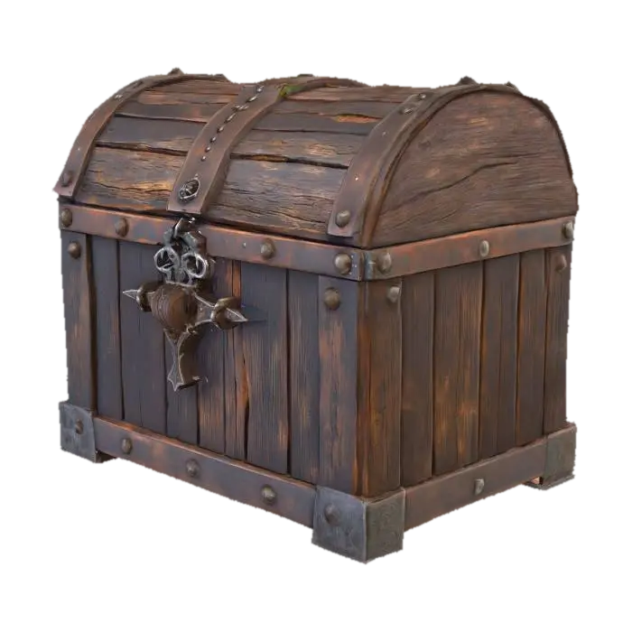 A dark-fantasy medieval chest made out of old, rotting wood and rusted metal. Dusty,… 3D model, vytvořený pomocí AI
