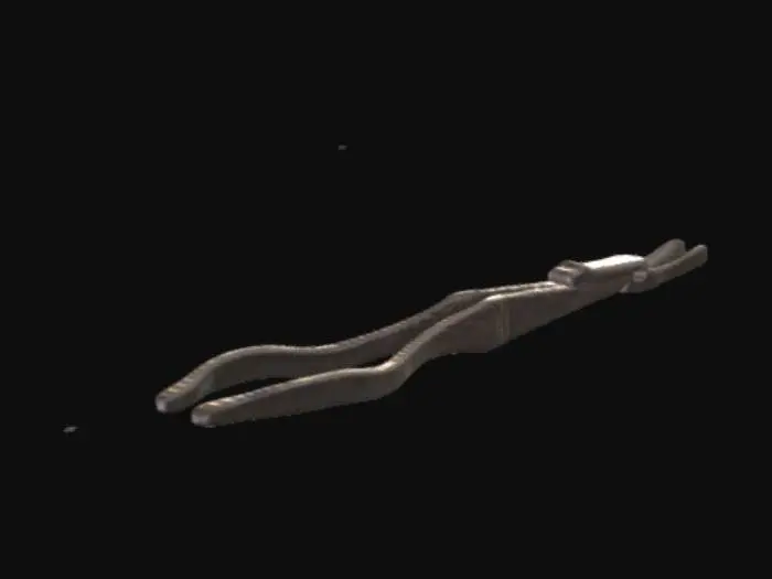 3D model for Create a 3D model of dental forceps for lower incisor extraction. Include ergonomic, angled handles, a slender neck, and curved, tapered beaks with textured grips for narrow crowns and roots. Use a polished stainless-steel finish, balanced weight, and a smooth hinge. Ensure it meets dental standards for animation or 3D printing. Output in OBJ/STL format