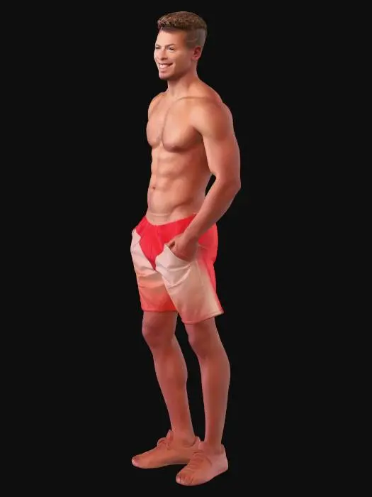 3D model for un chico musculoso, en calzoncillos, joven, moreno, cara de modelo, sin camiseta con pantalon corto rojo, y unas zapatillas deportivas blancas. Tiene una sonrisa perfecta