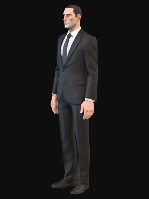 3D model for A tall, perfectly dressed man in a black suit that looks too clean for the chaos around him. His face is eerily smooth — no eyes, no mouth, no nose, just faint impressions where features should be. His smile isn’t drawn; it’s carved into his skin, stretching unnaturally wide whenever he speaks through the intercom.