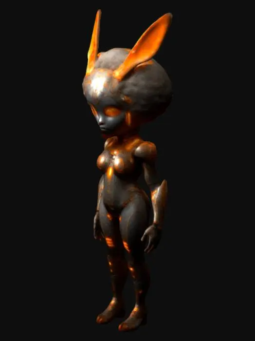 3D model for The object features a humanoid form with a intricate, symmetrical armor-like Afro hair design, and skintight dystopian body suit adorned with glowing orange accents and detailed textures, and is crowned by large, ornate, glowing, rabbit ear-like structures.