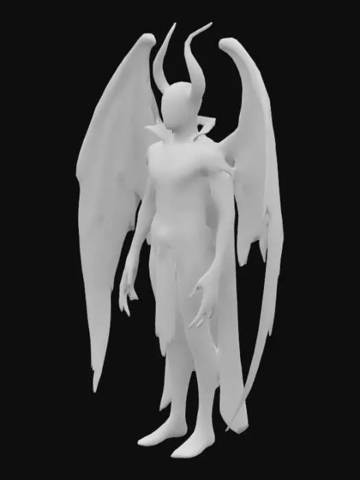3D model for The object is a humanoid Nosferatu figure with large, textured white wings covered in numerous eye-like patterns, standing amidst swirling jet black, dark green fabric on the ground. Highly detailed undead skin texture. Metallic black dystopian boots and iron gloves with electric green accents and arcane symbols