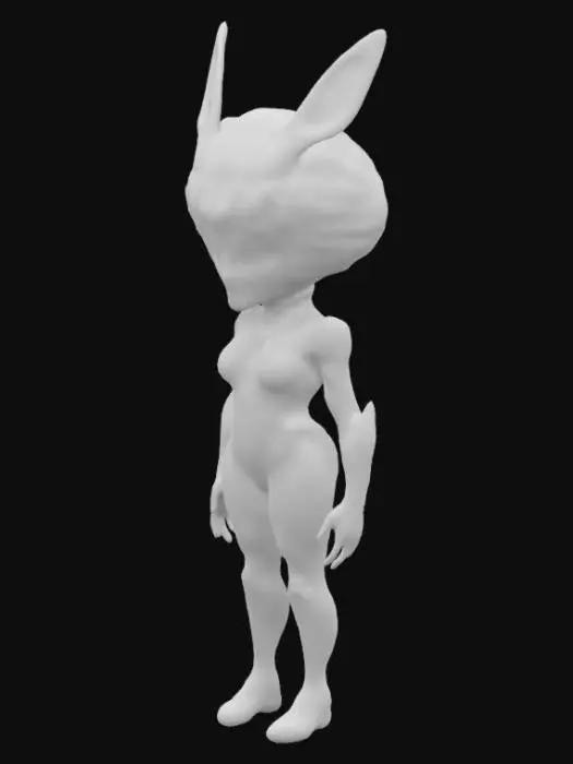 3D model for The object features a humanoid form with a intricate, symmetrical armor-like Afro hair design, and skintight dystopian body suit adorned with glowing orange accents and detailed textures, and is crowned by large, ornate, glowing, rabbit ear-like structures.