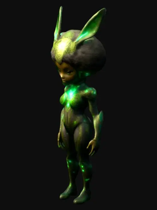 3D model for The object features a humanoid form with a intricate, symmetrical armor-like Afro hair design, and skintight dystopian body suit adorned with glowing orange accents and detailed textures, and is crowned by large, ornate, glowing, rabbit ear-like structures.