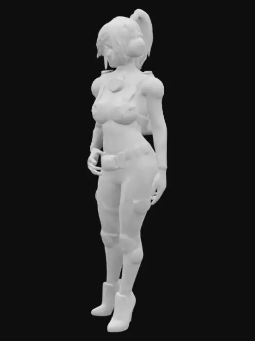 3D model for fantasy steampunk female technologist, slim graceful body, arms around body or on hips or resting on torso, dressed in steampunk style jumpsuit, various devices with alarms attached to body, devices slightly glowing, pensive stance, long or short but groomed hair, extremely detailed, high resolution texture, epic stance, #women#