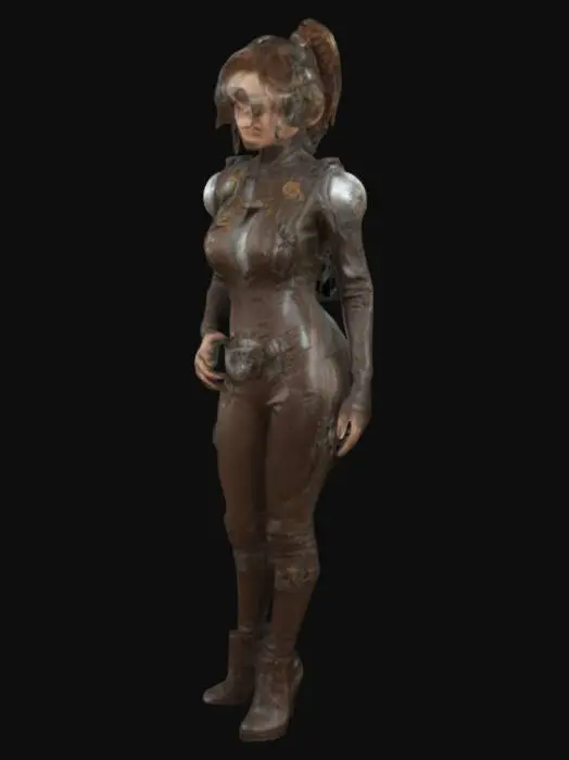 3D model for fantasy steampunk female technologist, slim graceful body, arms around body or on hips or resting on torso, dressed in steampunk style jumpsuit, various devices with alarms attached to body, devices slightly glowing, pensive stance, long or short but groomed hair, extremely detailed, high resolution texture, epic stance, #women#