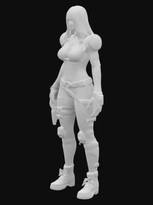 3D model for fantasy steampunk female technologist, slim graceful body, arms around body or on hips or resting on torso, dressed in steampunk style jumpsuit, various devices with alarms attached to body, devices slightly glowing, pensive stance, long or short but groomed hair, extremely detailed, high resolution texture, epic stance, #women#