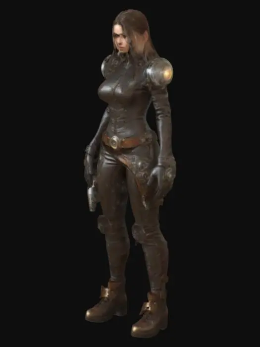 3D model for fantasy steampunk female technologist, slim graceful body, arms around body or on hips or resting on torso, dressed in steampunk style jumpsuit, various devices with alarms attached to body, devices slightly glowing, pensive stance, long or short but groomed hair, extremely detailed, high resolution texture, epic stance, #women#