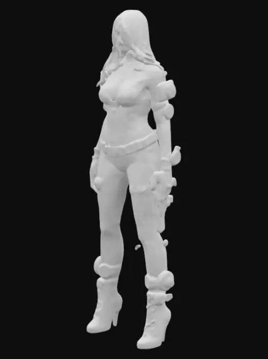 3D model for fantasy steampunk female technologist, slim graceful body, dressed in steampunk style jumpsuit, various devices with alarms attached to body, devices slightly glowing, pensive stance, long or short but groomed hair, extremely detailed, high resolution texture, epic stance, #women#