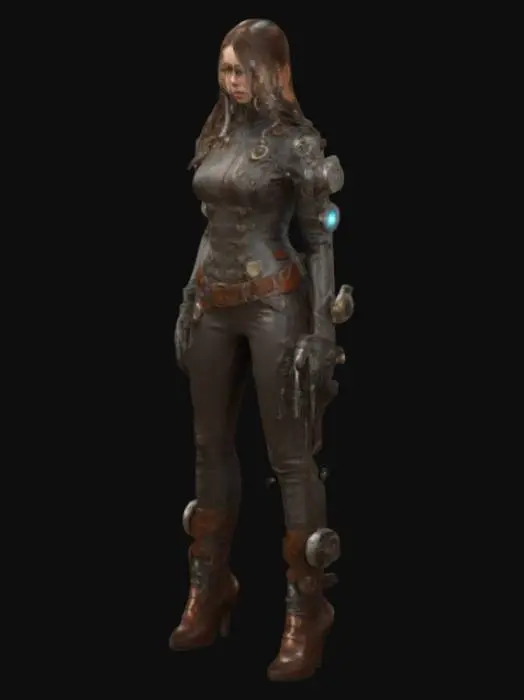 3D model for fantasy steampunk female technologist, slim graceful body, dressed in steampunk style jumpsuit, various devices with alarms attached to body, devices slightly glowing, pensive stance, long or short but groomed hair, extremely detailed, high resolution texture, epic stance, #women#