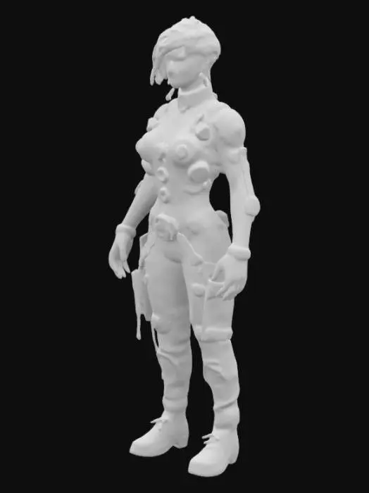 3D model for fantasy steampunk female technologist, slim graceful body, dressed in steampunk style jumpsuit, various devices with alarms attached to body, devices slightly glowing, pensive stance, long or short but groomed hair, extremely detailed, high resolution texture, epic stance, #women#