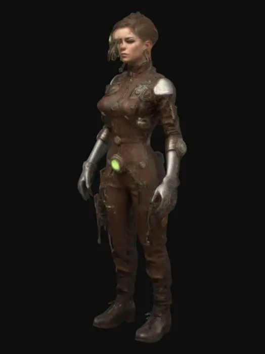 3D model for fantasy steampunk female technologist, slim graceful body, dressed in steampunk style jumpsuit, various devices with alarms attached to body, devices slightly glowing, pensive stance, long or short but groomed hair, extremely detailed, high resolution texture, epic stance, #women#