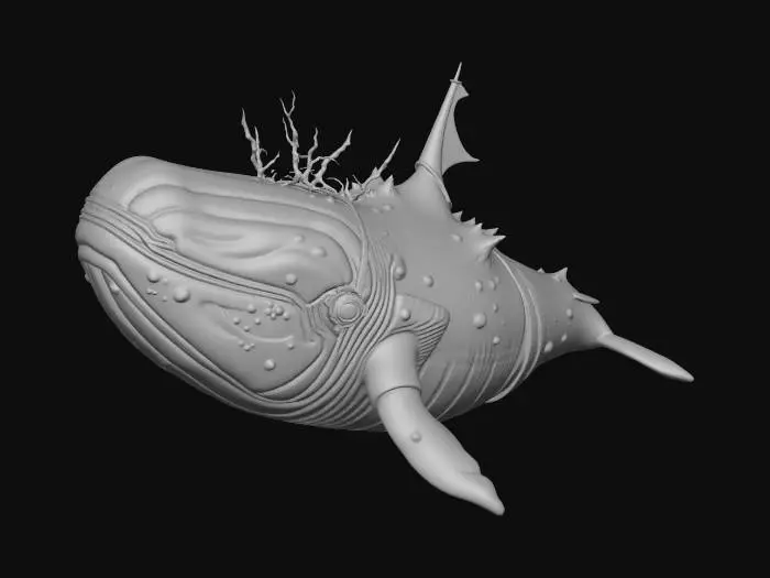 3D model for A massive ghostly whale spirit with the presence of a legendary pirate captain. The creature has the shape of a colossal white whale, but infused with ethereal mist, glowing scars, and drifting spectral barnacles. Pirate elements are fused into its form: a tattered ghost‑sail fin, a broken mast embedded like a dorsal spike, rope and iron fittings hanging like ornaments. Eyes burn with ancient seafarer wisdom. Dynamic pose: rising from swirling ocean fog, mouth open in a silent roar. High detail, bold silhouette, full-body 3D model.