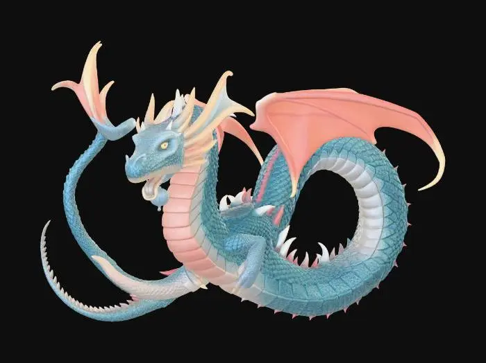 3D model for A long, serpentine sea dragon with glowing scales and flowing fin‑ribbons that emit soft, shifting light. Its eyes burn like twin lanterns in the dark water.