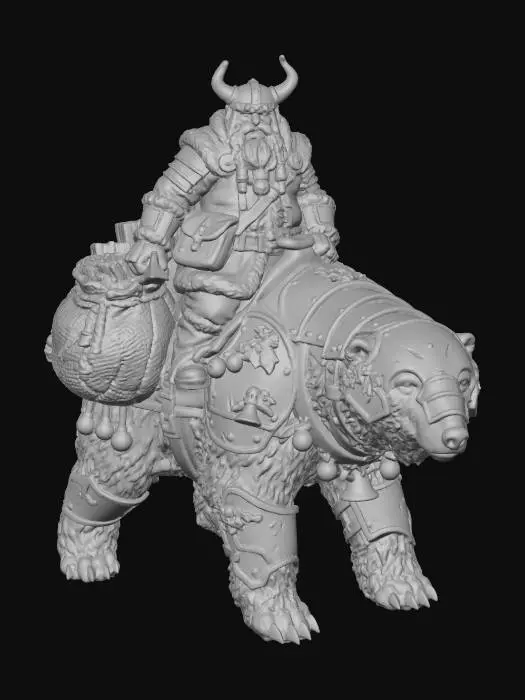 3D model for #Christmas2025#, A D&D style minifigure features an adventurous Santa Claus, whimsical yet determined, astride a majestic polar bear. The bear is clad in gleaming, ancient steel armor, intricately adorned with hanging Christmas baubles, holly, and miniature bells. A voluminous, burlap toy sack, bursting with implied gifts, is secured to its back. The polar bear's sculpted fur suggests tactile warmth, while the detailed armor and Santa's festive, battle-ready attire are perfect for 3D printing and texturing.