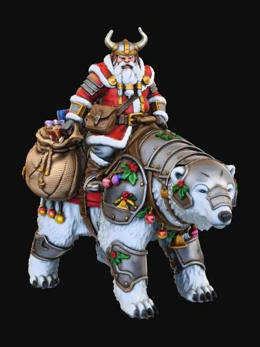 3D model for #Christmas2025#, A D&D style minifigure features an adventurous Santa Claus, whimsical yet determined, astride a majestic polar bear. The bear is clad in gleaming, ancient steel armor, intricately adorned with hanging Christmas baubles, holly, and miniature bells. A voluminous, burlap toy sack, bursting with implied gifts, is secured to its back. The polar bear's sculpted fur suggests tactile warmth, while the detailed armor and Santa's festive, battle-ready attire are perfect for 3D printing and texturing.
