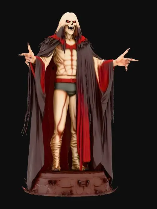 3D model for A medium poly medieval grunt vampire in a menacing T-pose. The character is gaunt and hunched, with decaying pale skin and subtle skeletal definition. It wears short, tattered clothing in dark brown and muted crimson — strictly no hood, cape, cloak, robe, or long sleeves. The outfit should be fitted and ragged, with exposed arms and legs, resembling scavenged armor or torn tunic and trousers. Sharp, angular facets define its form, with prominent fangs, glowing red eyes, and coarse fabric textures that emphasize its undead, vampiric nature.
