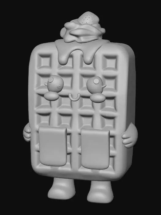 3D model for Create an ultra‑kawaii Belgian waffle character with a thick, chunky square body and deep waffle pockets. Give it oversized sparkling eyes with star highlights, a tiny smiling mouth, and soft blushing cheeks. Add glossy dessert‑style toppings such as a small dollop of whipped cream, a strawberry, or a drizzle of syrup, but keep all elements bold, rounded, and fully manufacturable. The silhouette should be clean and sturdy with no thin parts. Use warm golden browns with shiny highlights to give it a collectible toy‑like finish. No text, no props, plain background.