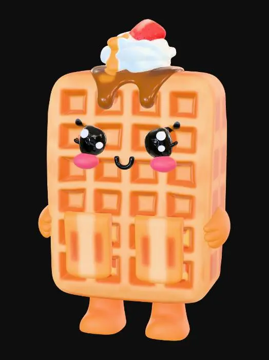 3D model for Create an ultra‑kawaii Belgian waffle character with a thick, chunky square body and deep waffle pockets. Give it oversized sparkling eyes with star highlights, a tiny smiling mouth, and soft blushing cheeks. Add glossy dessert‑style toppings such as a small dollop of whipped cream, a strawberry, or a drizzle of syrup, but keep all elements bold, rounded, and fully manufacturable. The silhouette should be clean and sturdy with no thin parts. Use warm golden browns with shiny highlights to give it a collectible toy‑like finish. No text, no props, plain background.