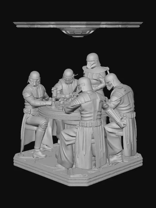 3D model for Star Wars characters gathered around a Dejarik holochess table, glowing holographic creatures mid‑battle. Warm cantina lighting, metallic sci‑fi interior, subtle smoke and ambience. Dynamic poses, expressive reactions, detailed costumes, crisp hard‑surface props. Cinematic composition, shallow depth of field, high realism, vibrant hologram effects, clean silhouettes.